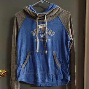 Milwaukee Brewers Women's Small Funnel Neck Hooded T-Shirt Long Sleeve Blue Gray